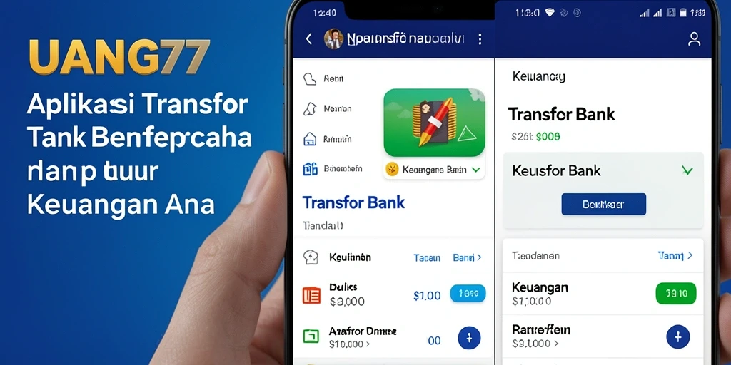Antarmuka aplikasi UANG77 untuk Transfer Bank yang modern dan user-friendly.